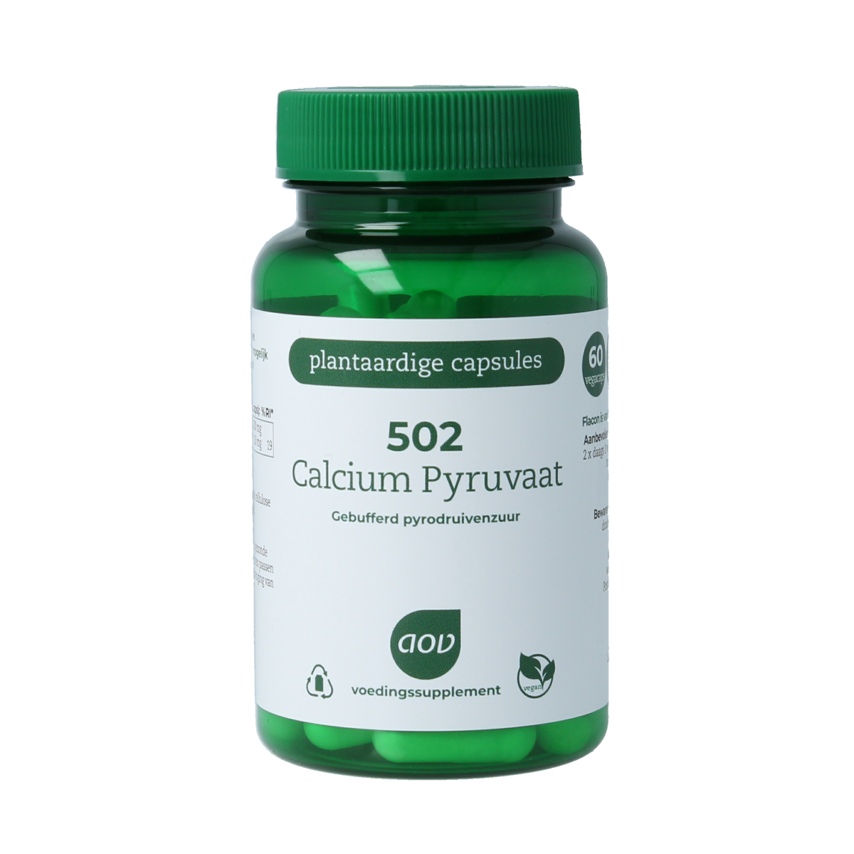 AOV 502 Calcium Pyruvaat vegetarian capsules, mineral supplement in softgel form, with label showing product details and branding.