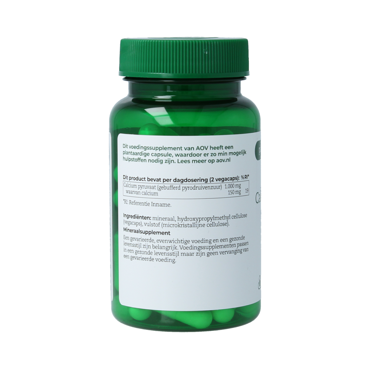 AOV 502 Calcium Pyruvaat vegetarian capsules, mineral supplement in a white bottle with a blue label and cap.