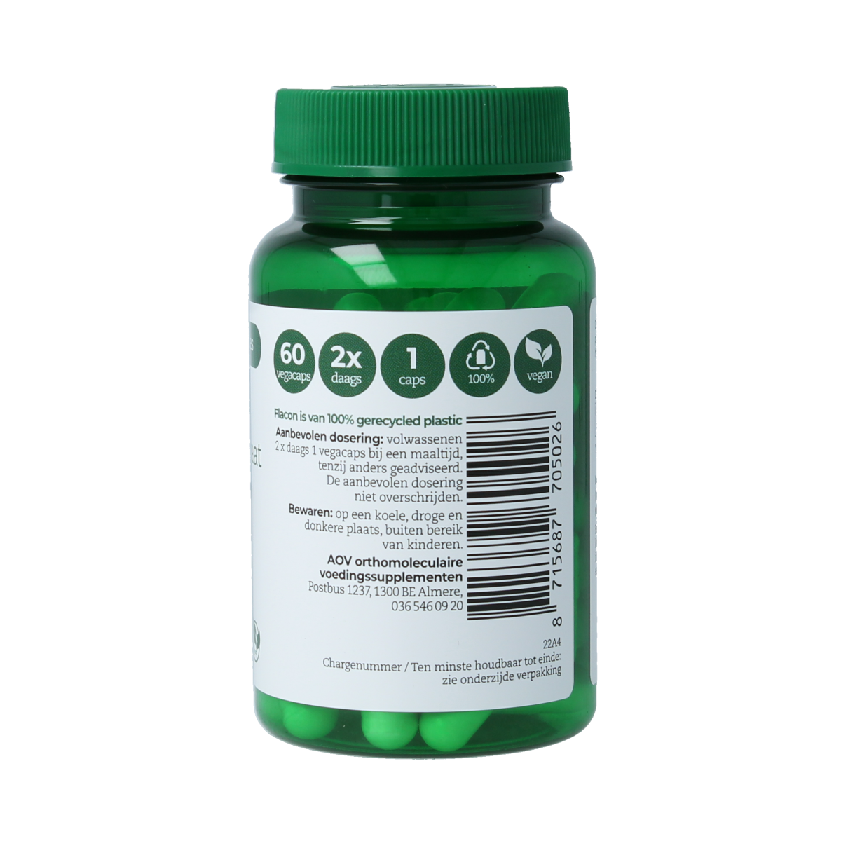 AOV 502 Calcium Pyruvate vegetarian capsules, mineral supplement in white bottle with label, close-up of capsules on a white background.