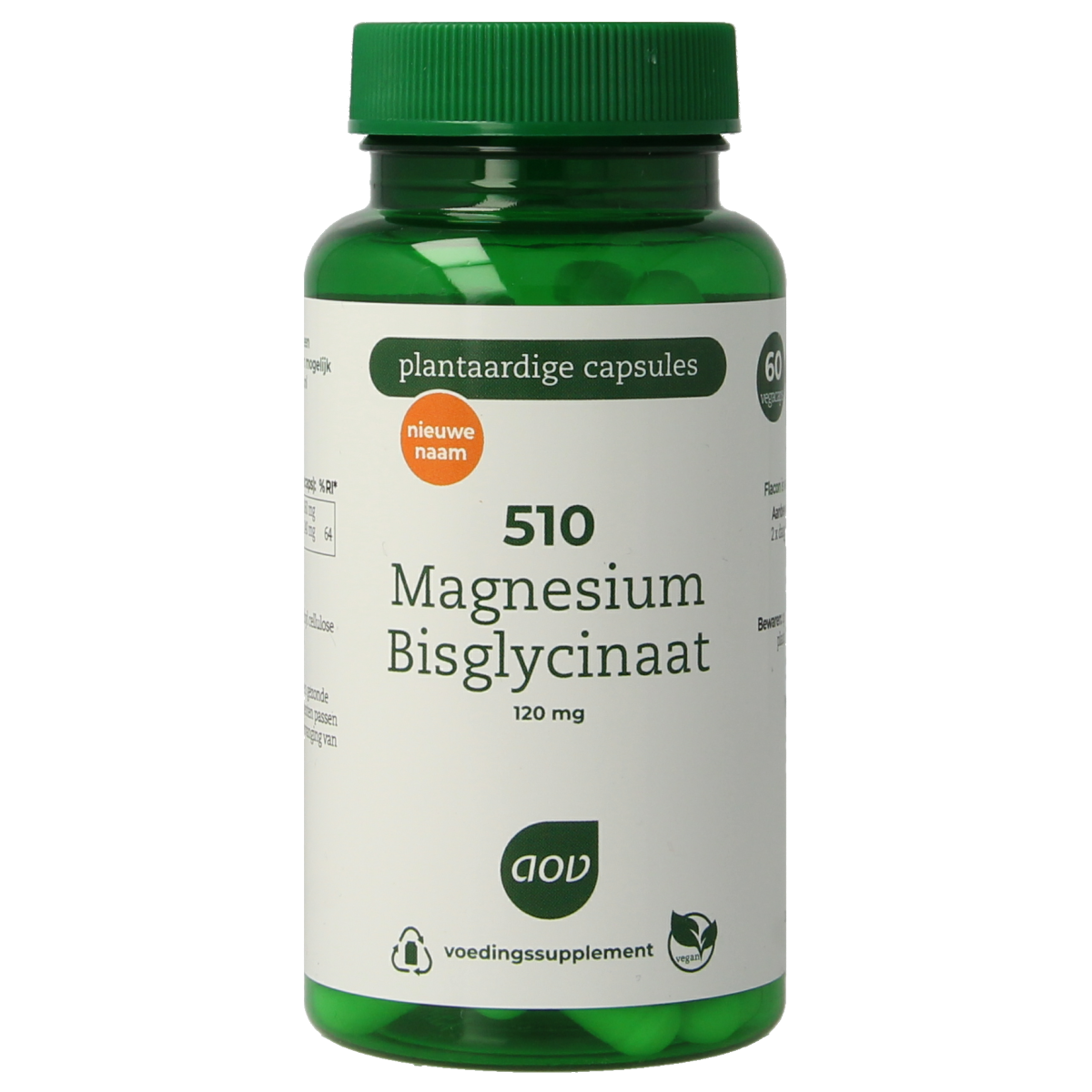AOV 510 Magnesium bisglycinaat vegetarian capsules in a bottle, dietary supplement for mineral support, shown against a white background.