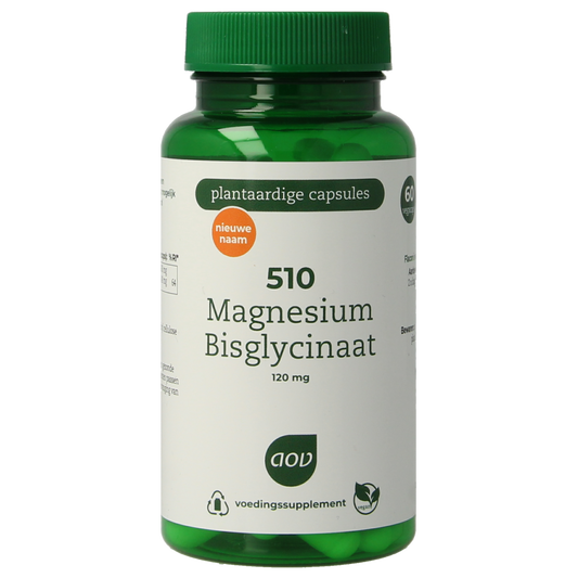 AOV 510 Magnesium bisglycinaat vegetarian capsules in a bottle, dietary supplement for mineral support, shown against a white background.