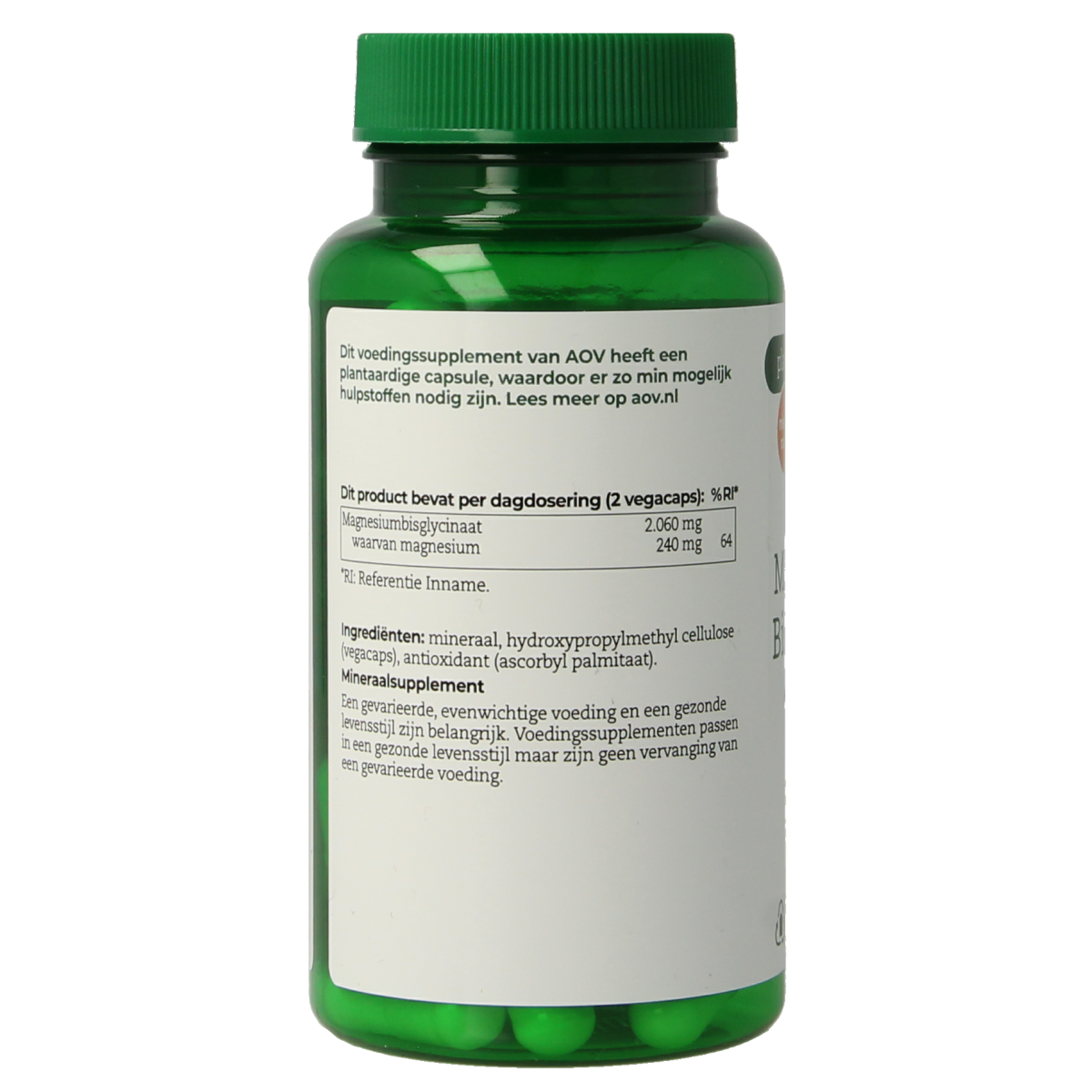 AOV 510 Magnesium bisglycinaat vegetarian capsules, mineral supplement in clear bottle with capsules visible inside.