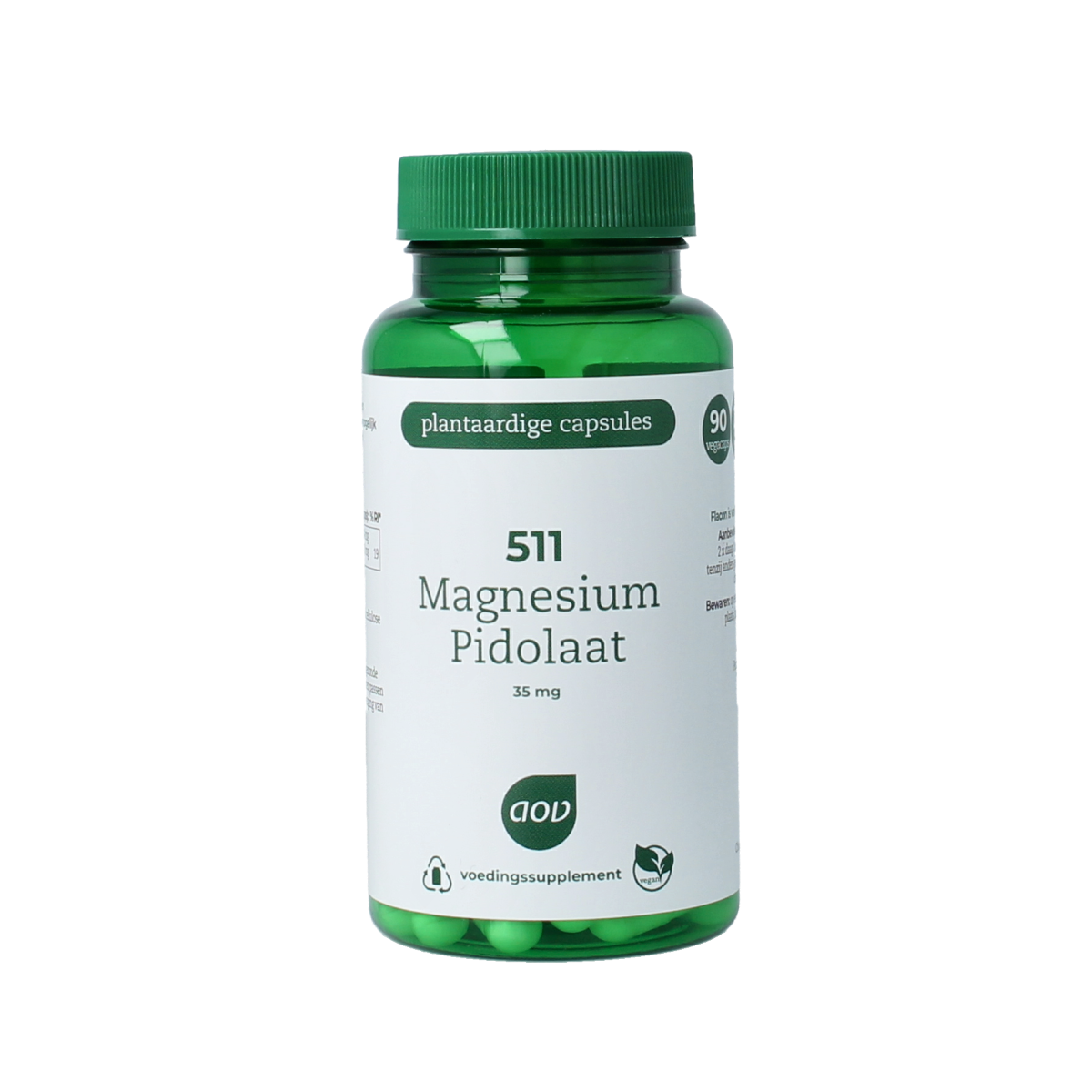 AOV 511 Magnesium Pidolaat vegetarian capsules, mineral supplement in a white bottle with label and capsule close-up.
