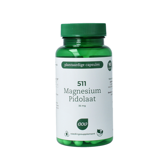 AOV 511 Magnesium Pidolaat vegetarian capsules, mineral supplement in a white bottle with label and capsule close-up.
