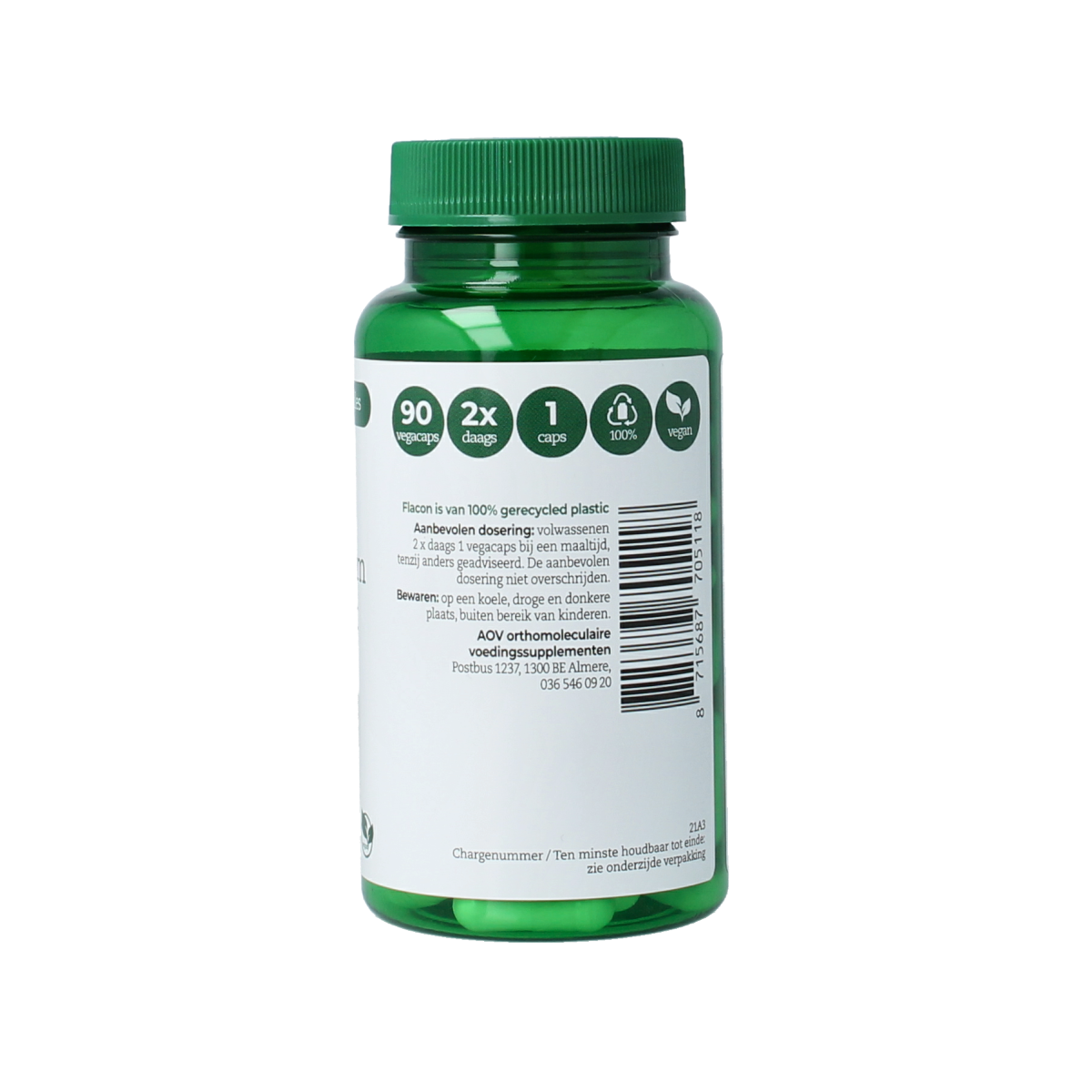 AOV 511 Magnesium Pidolaat vegetarian capsules, mineral supplement in white and green bottle with label, close-up shot.