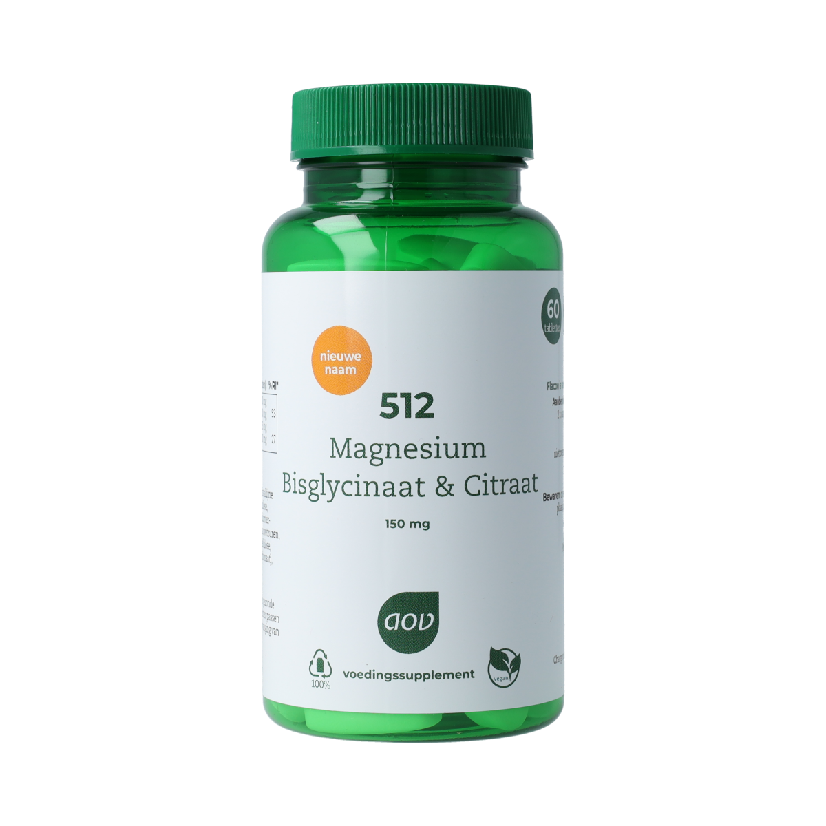 AOV Magnesium bisglycinaat and citrate supplement bottle with 60 tablets, showing the product label and tablets inside.