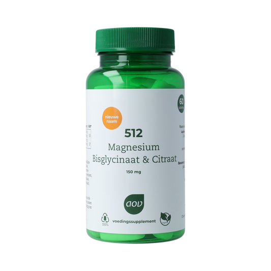 AOV Magnesium bisglycinaat and citrate supplement bottle with 60 tablets, showing the product label and tablets inside.