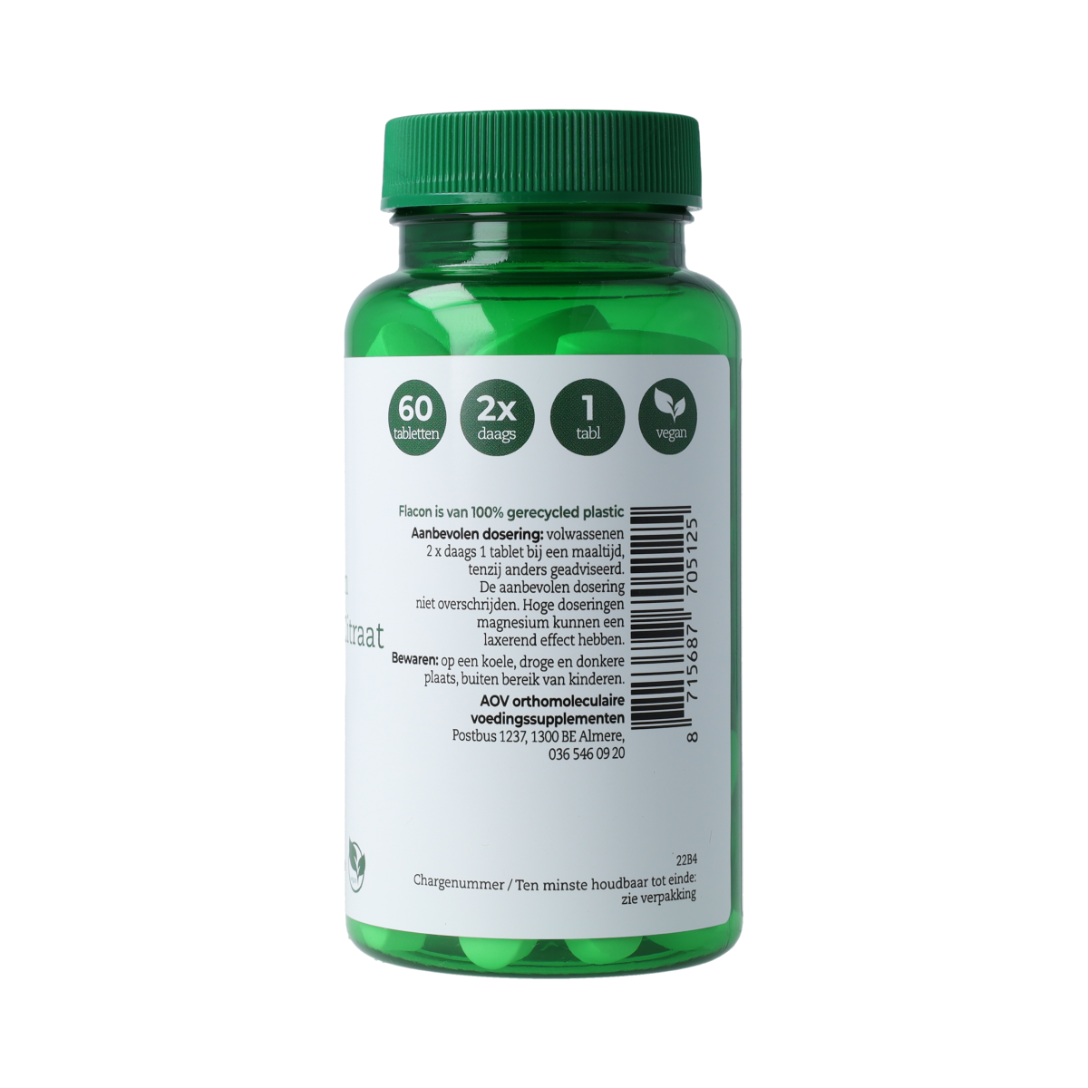 AOV Magnesium Bisglycinaat & Citraat 150mg mineral supplement tablets in a bottle, natural mineral complex for daily health.