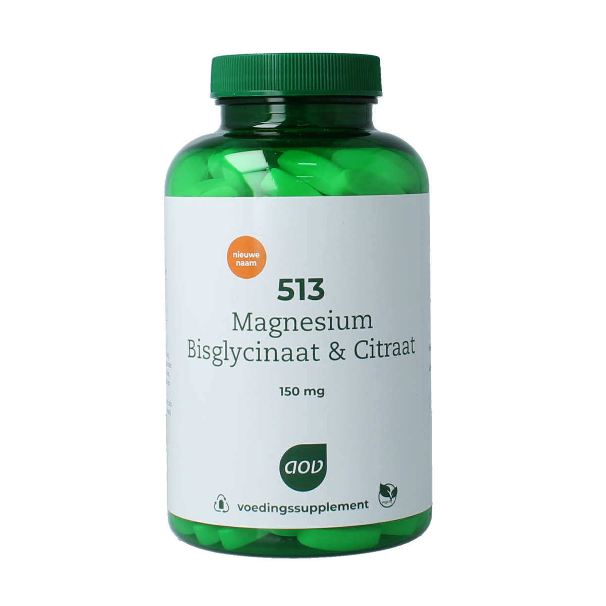 AOV Magnesium bisglycinaat and citraat supplement bottles with 180 tablets, showing the product packaging and tablets.