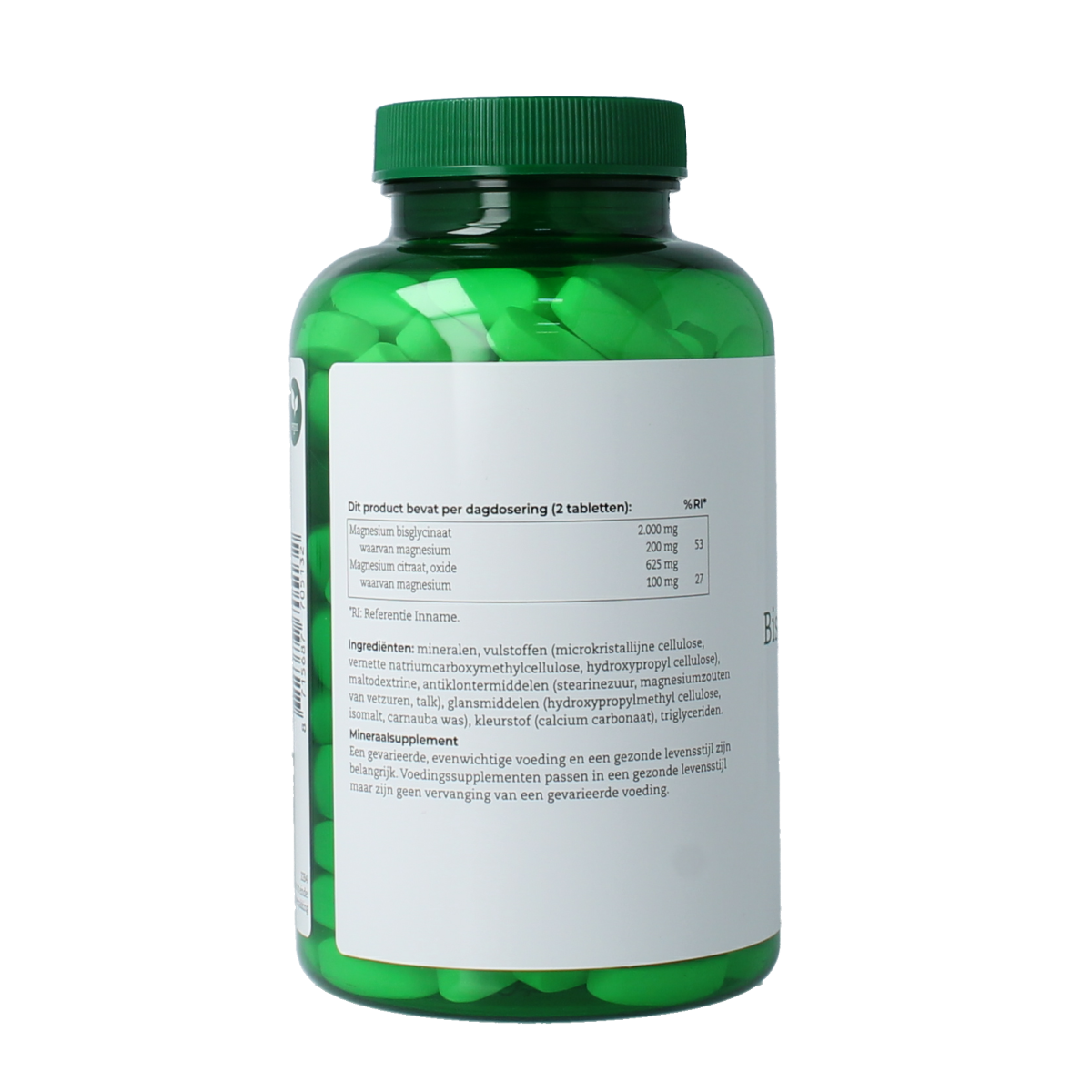 AOV Magnesium bisglycinaat and citraat supplement bottle with 180 tablets, showing the product label and packaging.