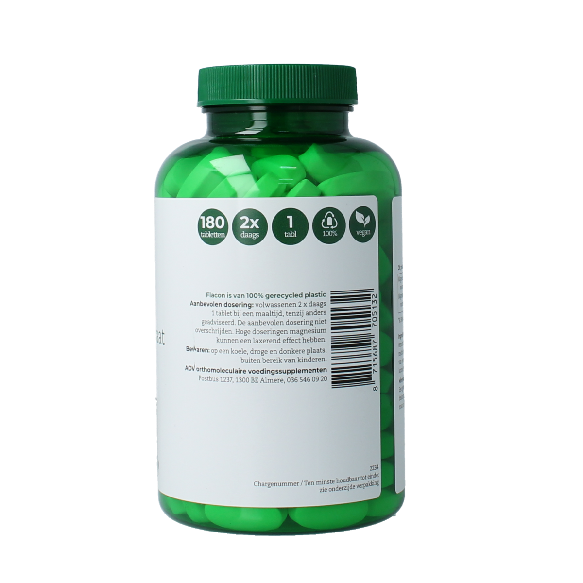 AOV Magnesium bisglycinaat and citrate 150mg mineral supplement tablets in a bottle, showing the product label and tablets inside