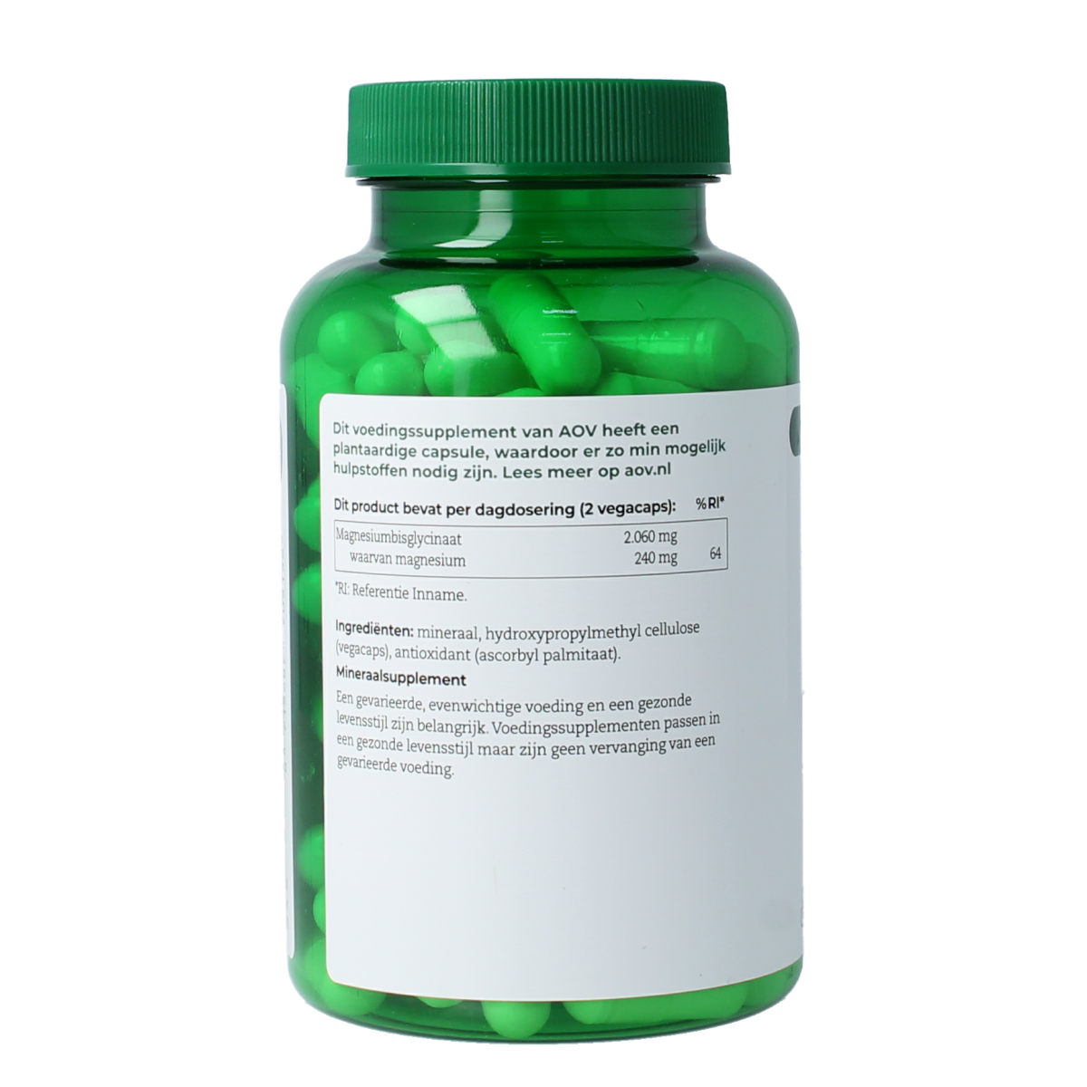 AOV 515 Magnesium bisglycinaat vegetarian capsules bottle, mineral supplement, white container with label showing magnesium content