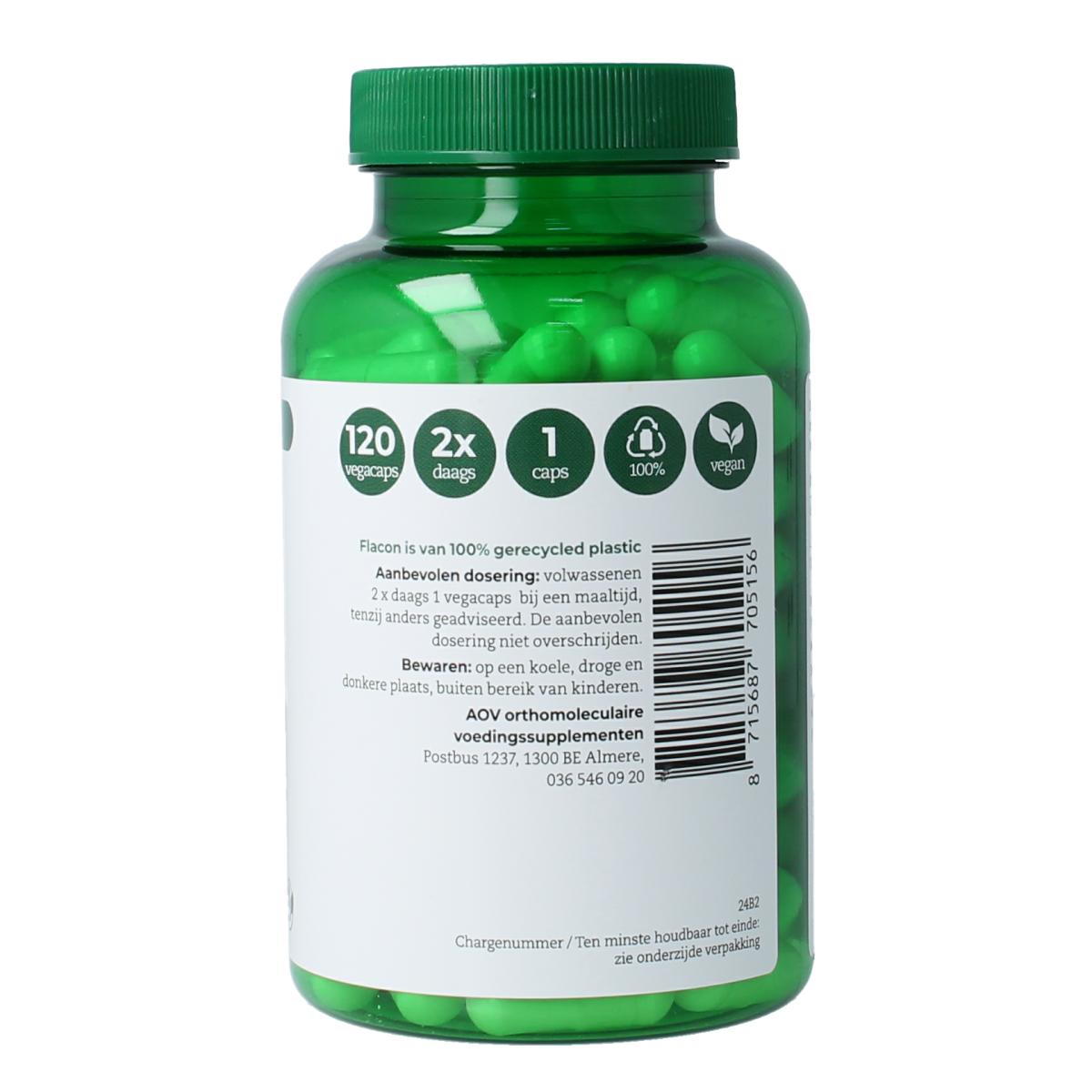 AOV 515 Magnesium Bisglycinate vegetarian capsules, mineral supplement in clear bottle with label and capsules visible inside.