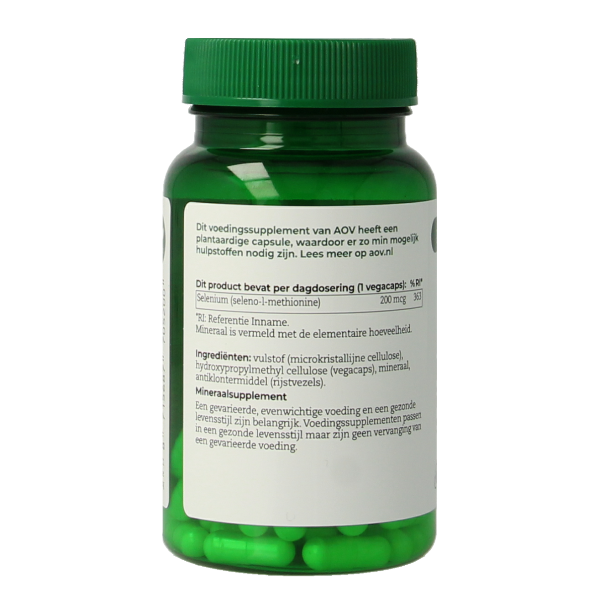 AOV Selenium 200mcg vegetarian capsules, mineral supplement in a clear bottle with label, close-up view of the product.