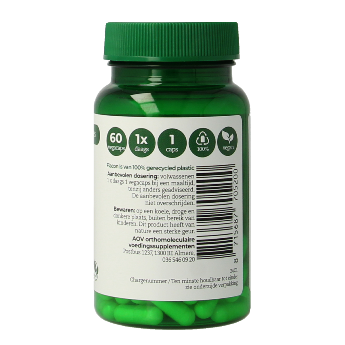 AOV 520 Selenium 200mcg vegetarian capsules, mineral supplement in a clear container with capsules visible inside.