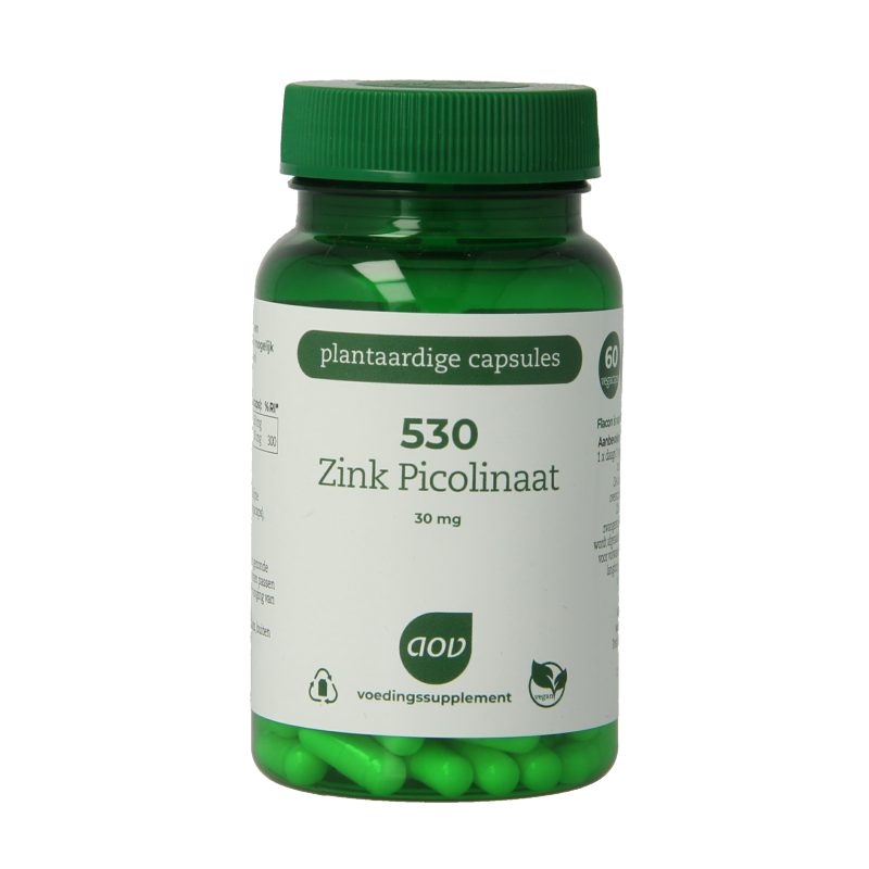 AOV 530 Zink Piccolinat vegetarian capsules in a bottle, dietary supplement with mineral zinc from AOV brand.