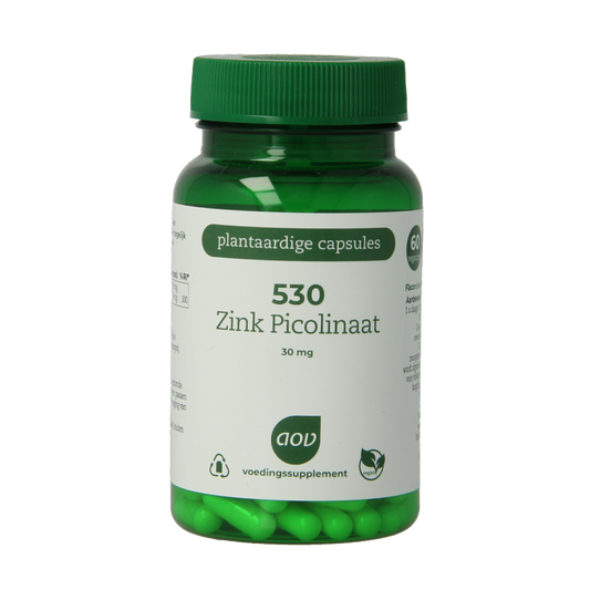 AOV 530 Zink Piccolinat vegetarian capsules in a bottle, dietary supplement with mineral zinc from AOV brand.