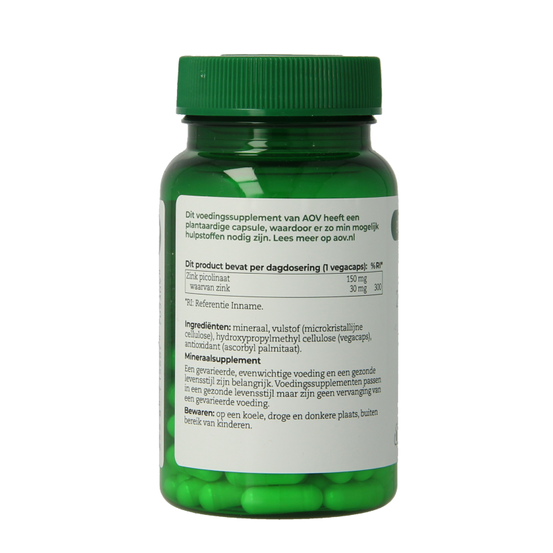AOV 530 Zinc Picolinate vegetarian capsules, mineral supplement in a white bottle with capsules visible.