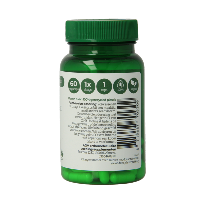 AOV 530 Zink Picolinat mineral supplement capsules, vegetarian zinc capsules in a white container with label.