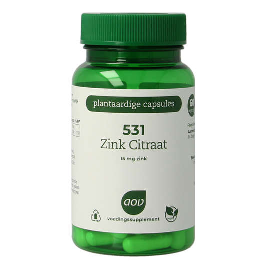 AOV 531 Zink Citraat 15mg vegetarian capsules, mineral supplement in a clear bottle with white cap and label.