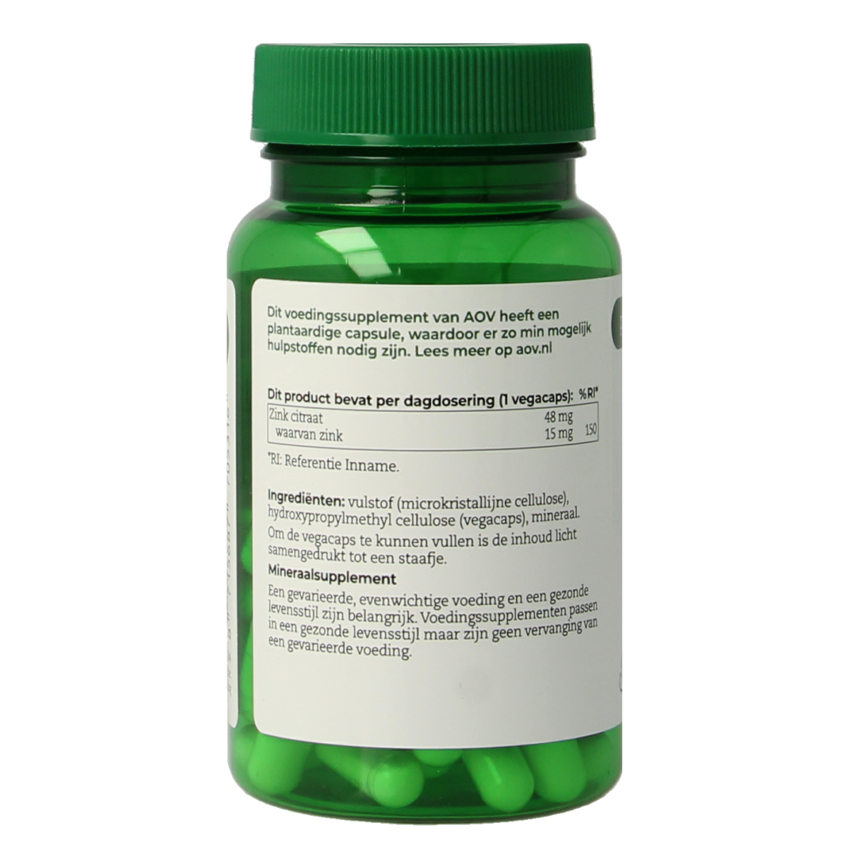 AOV Zink Citraat 15mg vegetarian capsules, mineral supplement in a bottle with 60 capsules, labeled with product details.