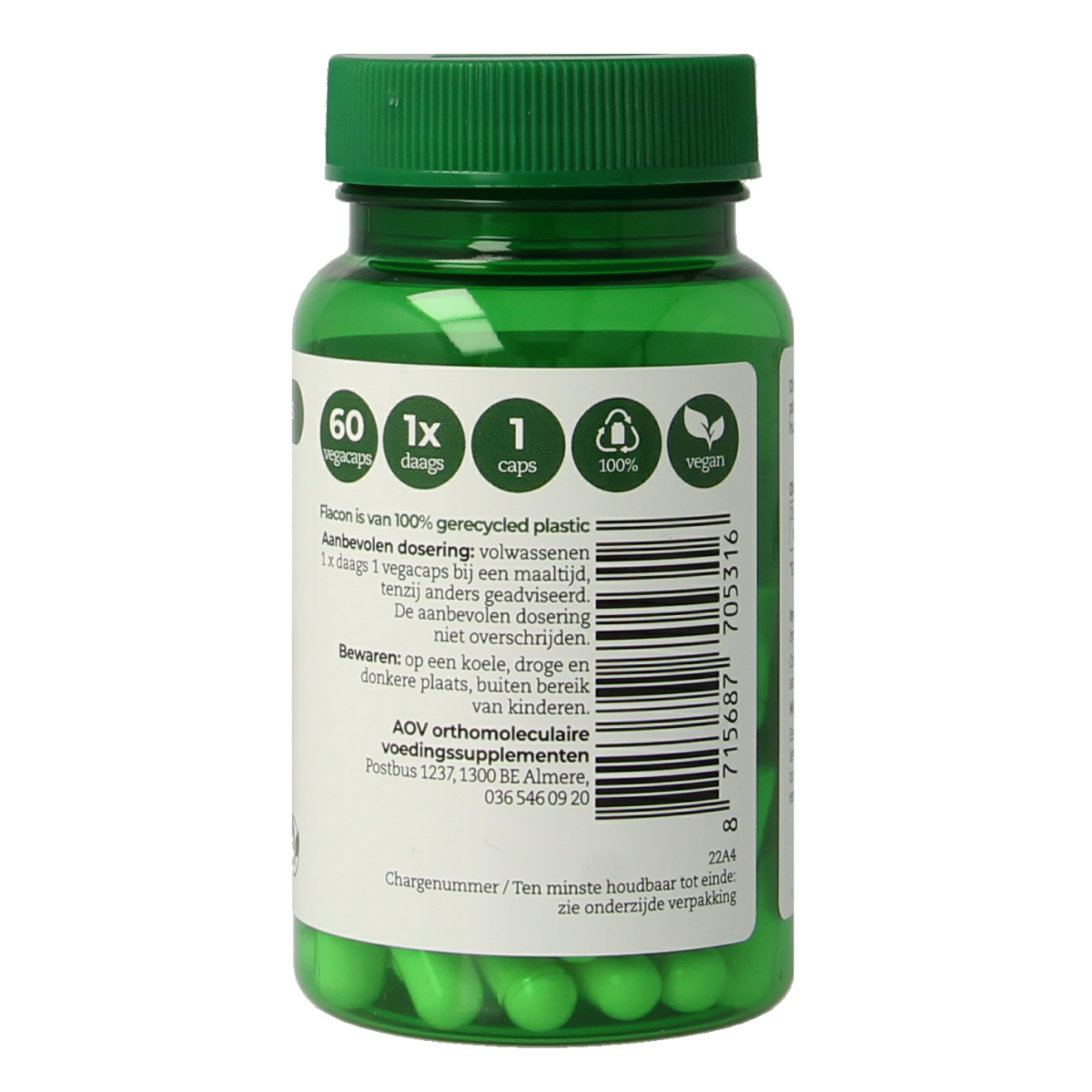 AOV Zink Citraat 15mg vegetarian capsules in a bottle, dietary mineral supplement, close-up of the product packaging