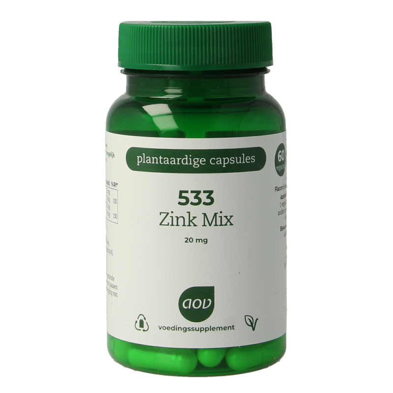 AOV 533 Zink Mix 60 vegetarian mineral capsules, featuring zinc and minerals in a colorful container on a white background.