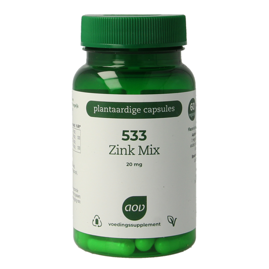 AOV 533 Zink Mix 60 vegetarian mineral capsules, featuring zinc and minerals in a colorful container on a white background.