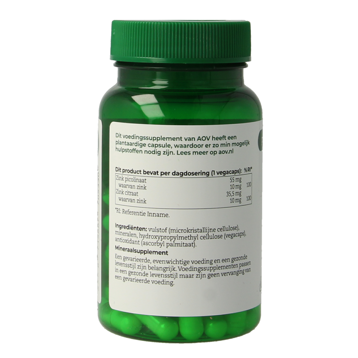 AOV mineral multivitamin capsules with zinc mix, vegetarian dietary supplement in a blister pack, showing colorful capsules.