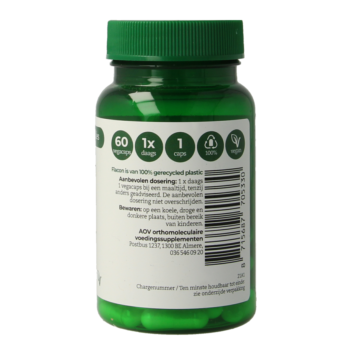 AOV mineralen multi capsule zinc mix, 60 vegetarian capsules for daily mineral supplementation, shown in a clear container.