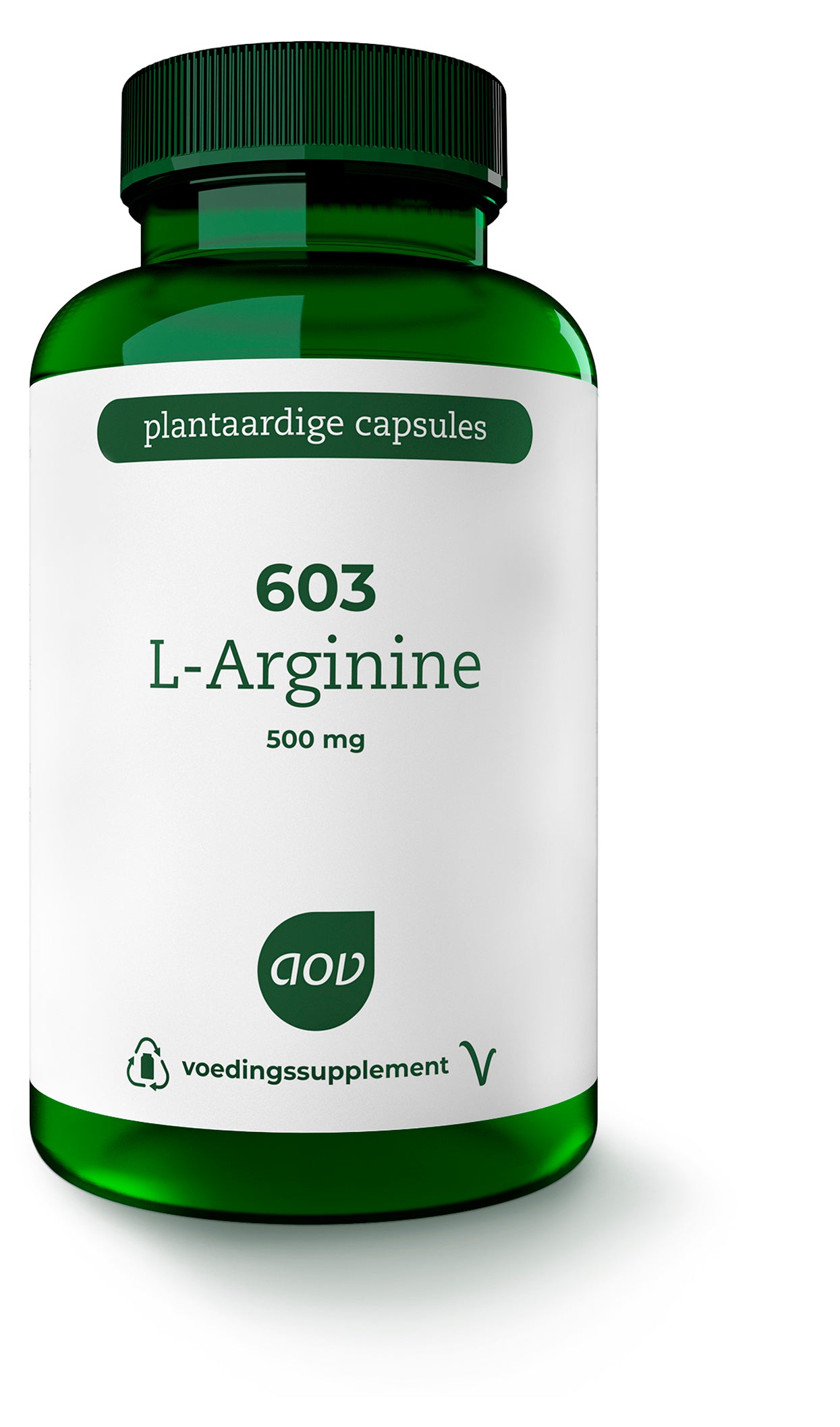 AOV 603 L-arginine vegetarian capsules, amino acids supplement in clear bottle, with label showing product details.