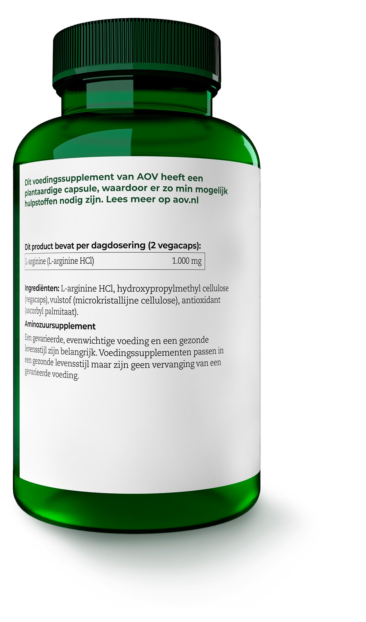 AOV 603 L-arginine vegetarian capsules, amino acids supplement, softgel form, 90 capsules in a clear bottle.