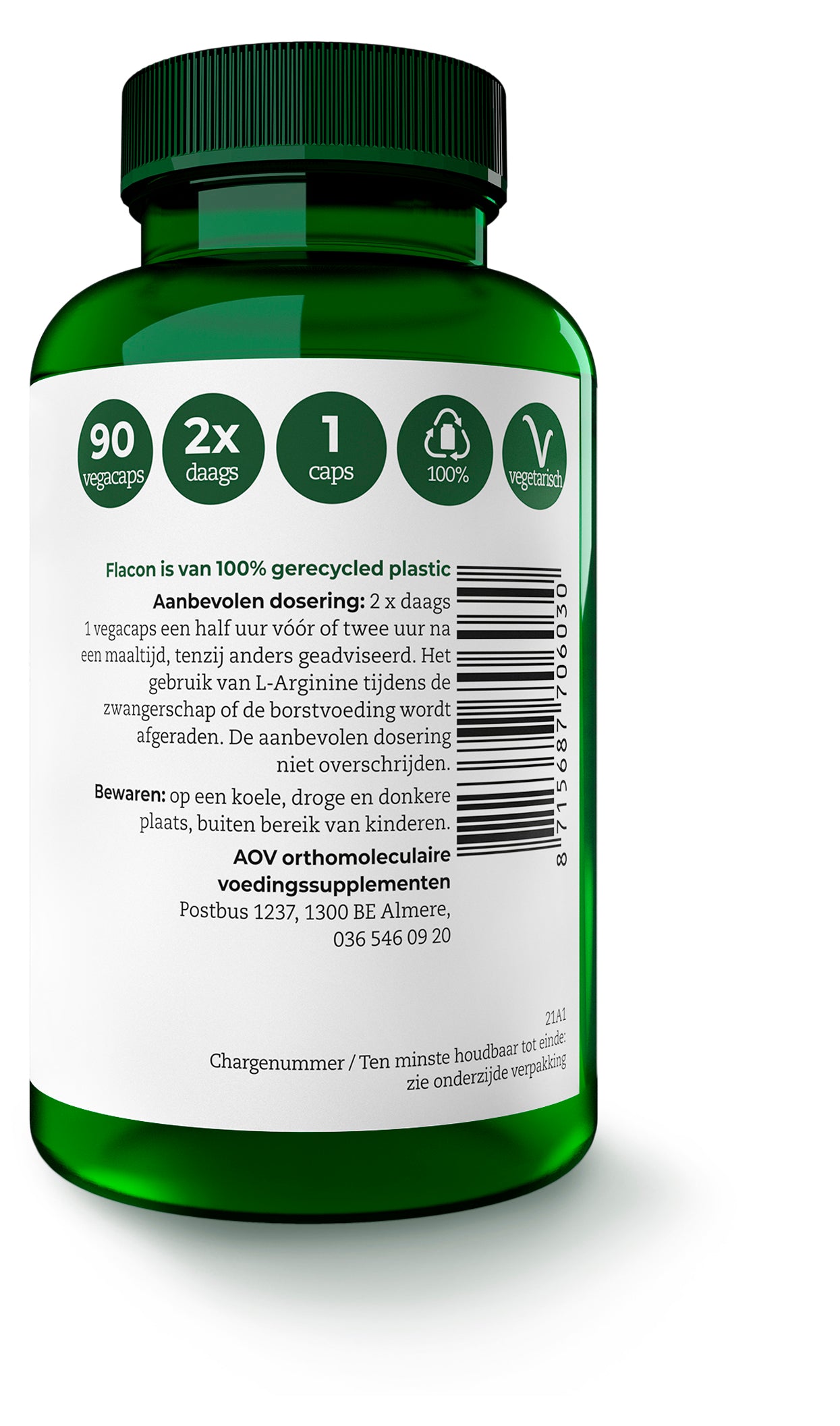 AOV 603 L-arginine vegetarian capsules, amino acids supplement in a plastic bottle with capsules visible inside.