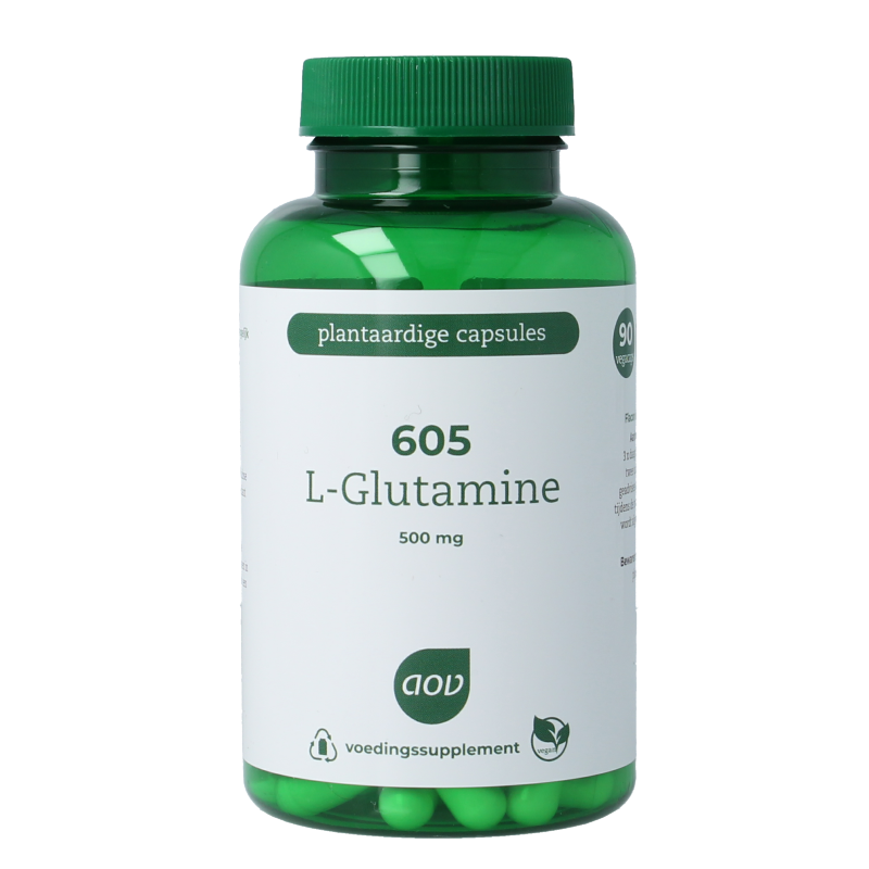 AOV 605 L-Glutamine 500mg vegetarian capsules, amino acids supplement in a clear bottle, showing capsules inside.