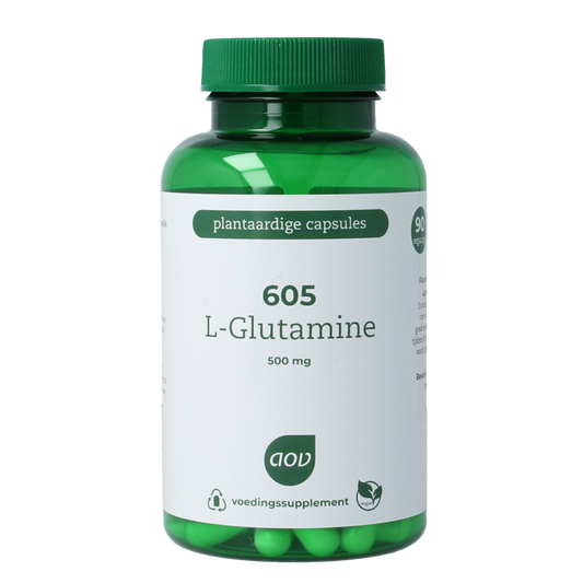AOV 605 L-Glutamine 500mg vegetarian capsules, amino acids supplement in a clear bottle, showing capsules inside.