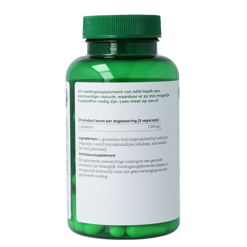 AOV 605 L-Glutamine 500mg amino acid capsules in a white bottle, with 90 vegetarian capsules for dietary supplement use.