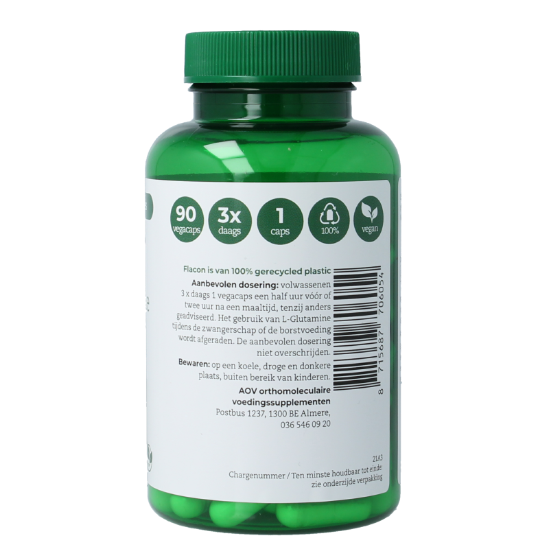 AOV 605 L-Glutamine vegetarian capsules, 90 capsules of amino acids supplement, shown in clear bottle with label.