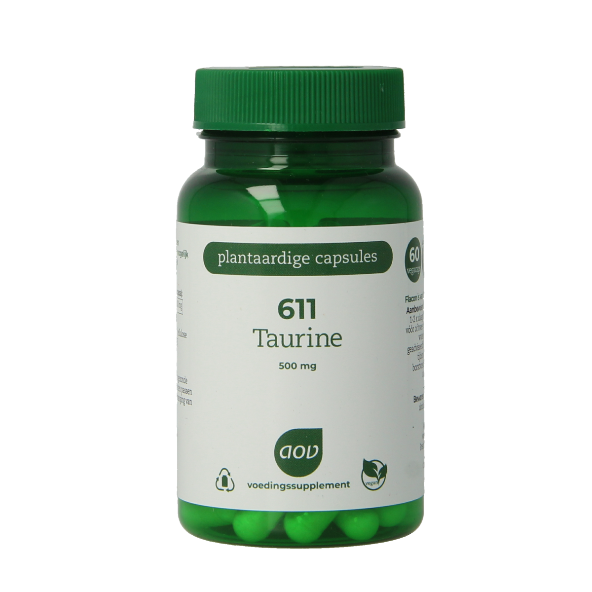 AOV Taurine 500mg vegetarian capsules bottle with label showing product details and brand logo.