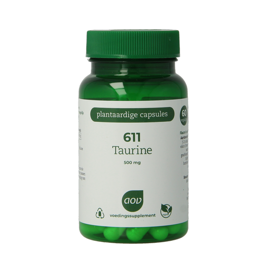 AOV Taurine 500mg vegetarian capsules bottle with label showing product details and brand logo.