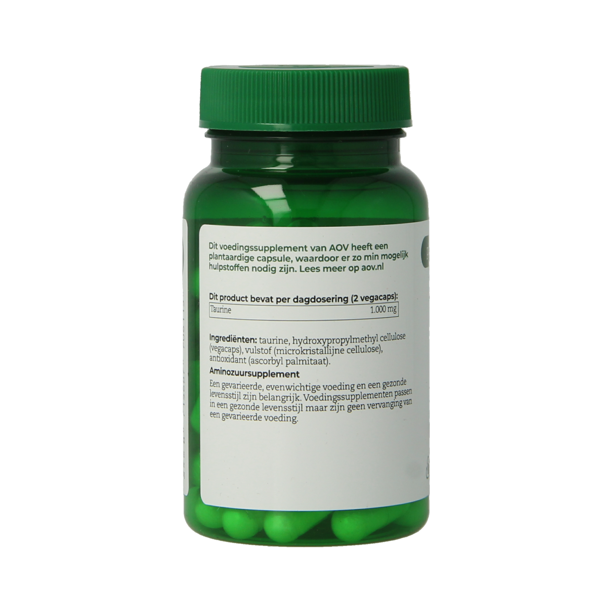AOV 611 Taurine 500mg vegetarian capsules, showing the supplement bottle and capsules, dietary amino acids supplement by AOV.