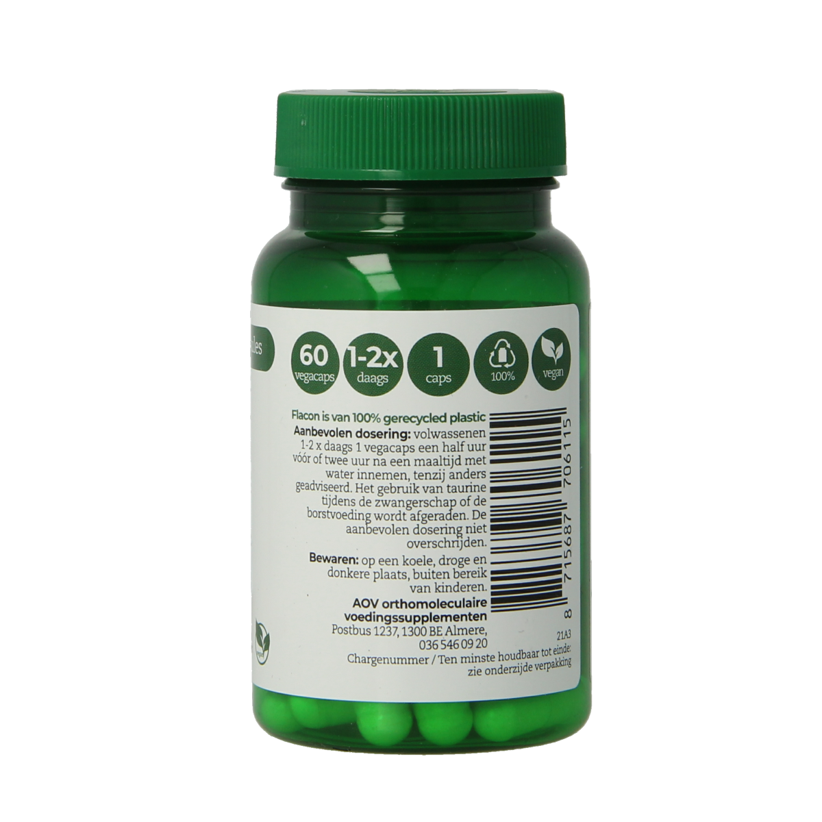 AOV Taurine 500mg vegetarian capsules, 60-count, dietary supplement with amino acids, in clear bottle with label.