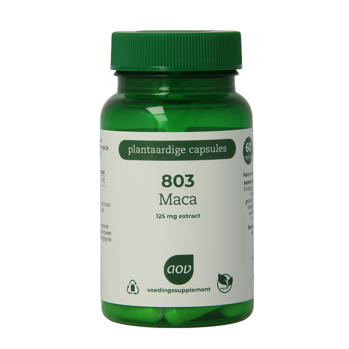 AOV Maca 60 vegetarian herbal capsules in a clear bottle, showcasing the supplement's packaging and capsules inside.