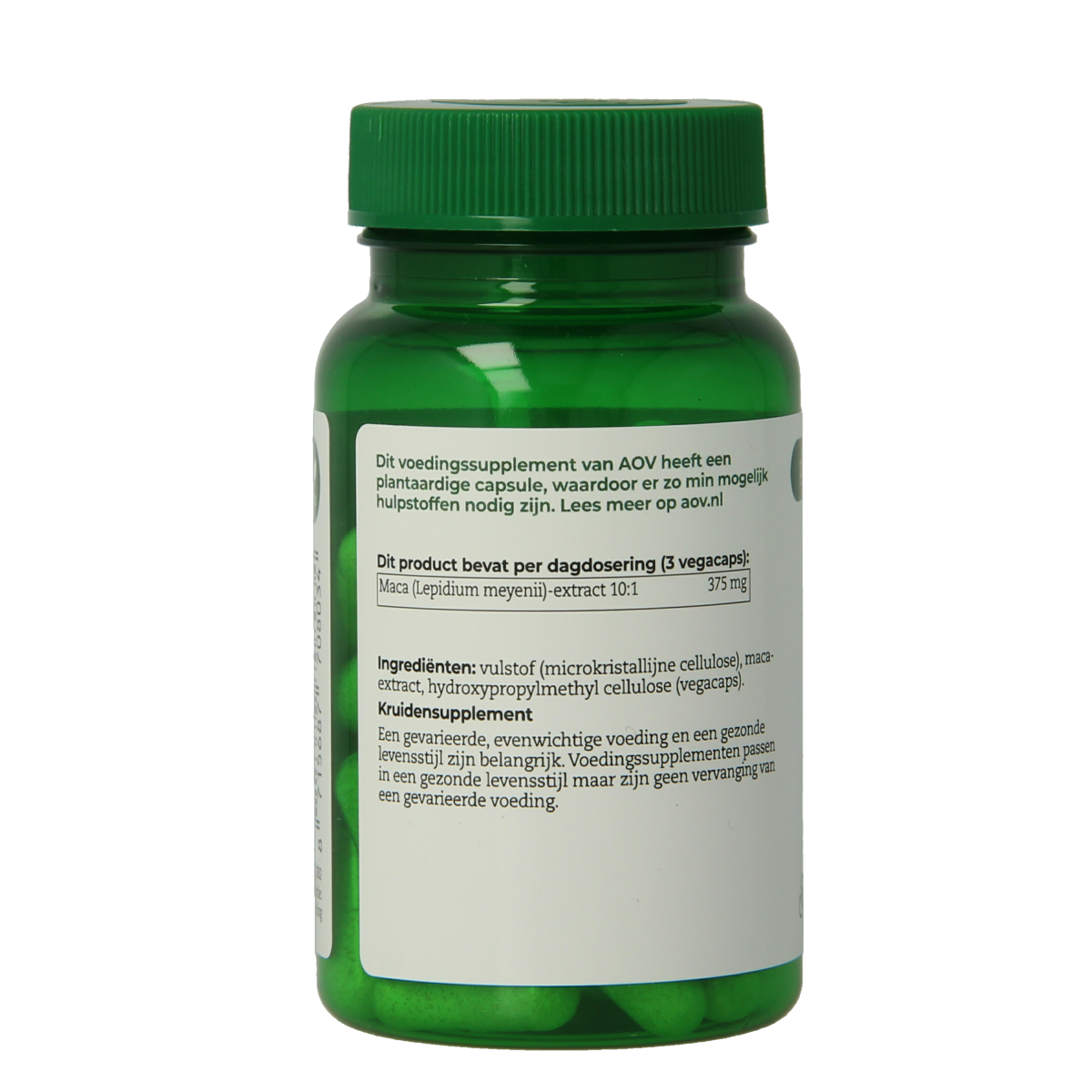 AOV Maca 60 vegetarian herbal capsules in a clear container, showcasing the product label and capsules inside.