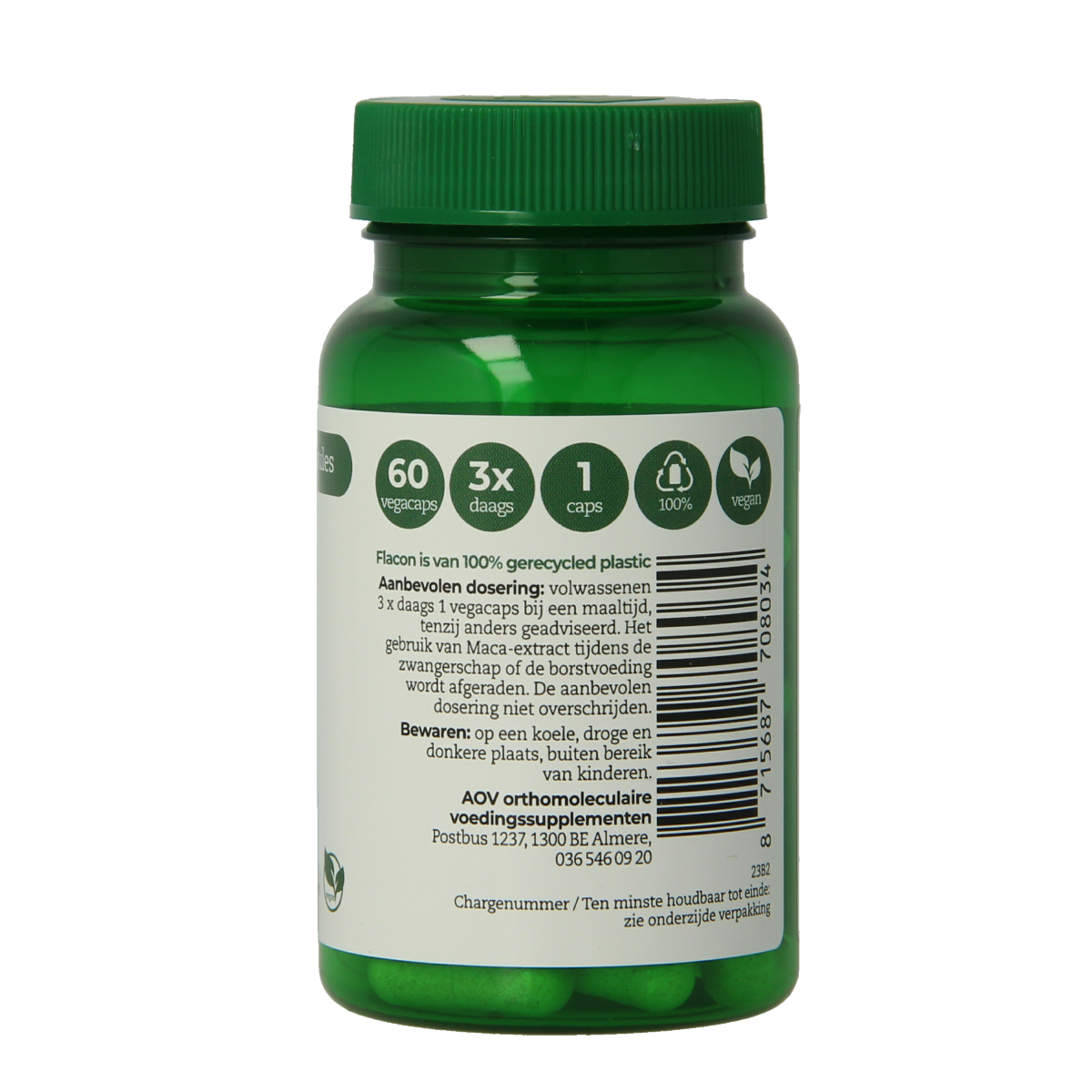 AOV 803 Maca vegetarian capsules from AOV, herbal supplement with 60 capsules in a clear bottle.