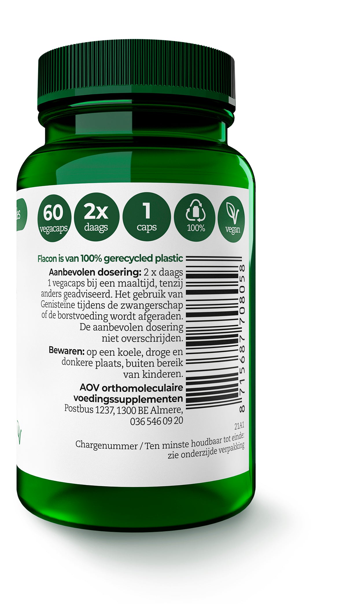 AOV 805 Genisteine vegetarian capsules, herbal supplement in a clear bottle with label, shown against a white background.