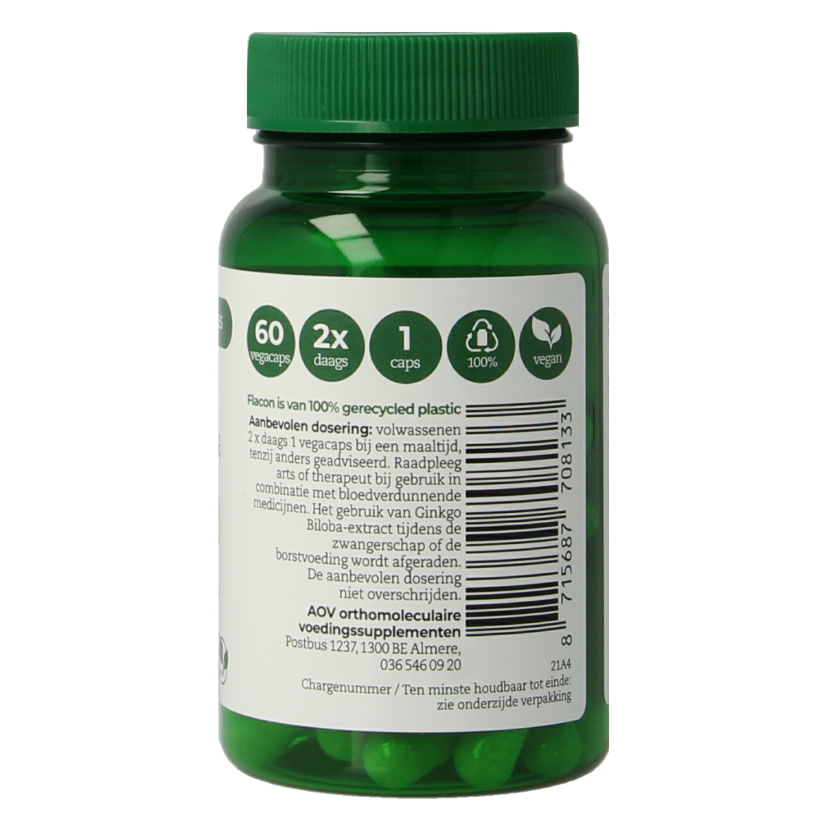 AOV Ginkgo biloba extract vegetarian capsules in a bottle, featuring green and white packaging for herbal supplement use.