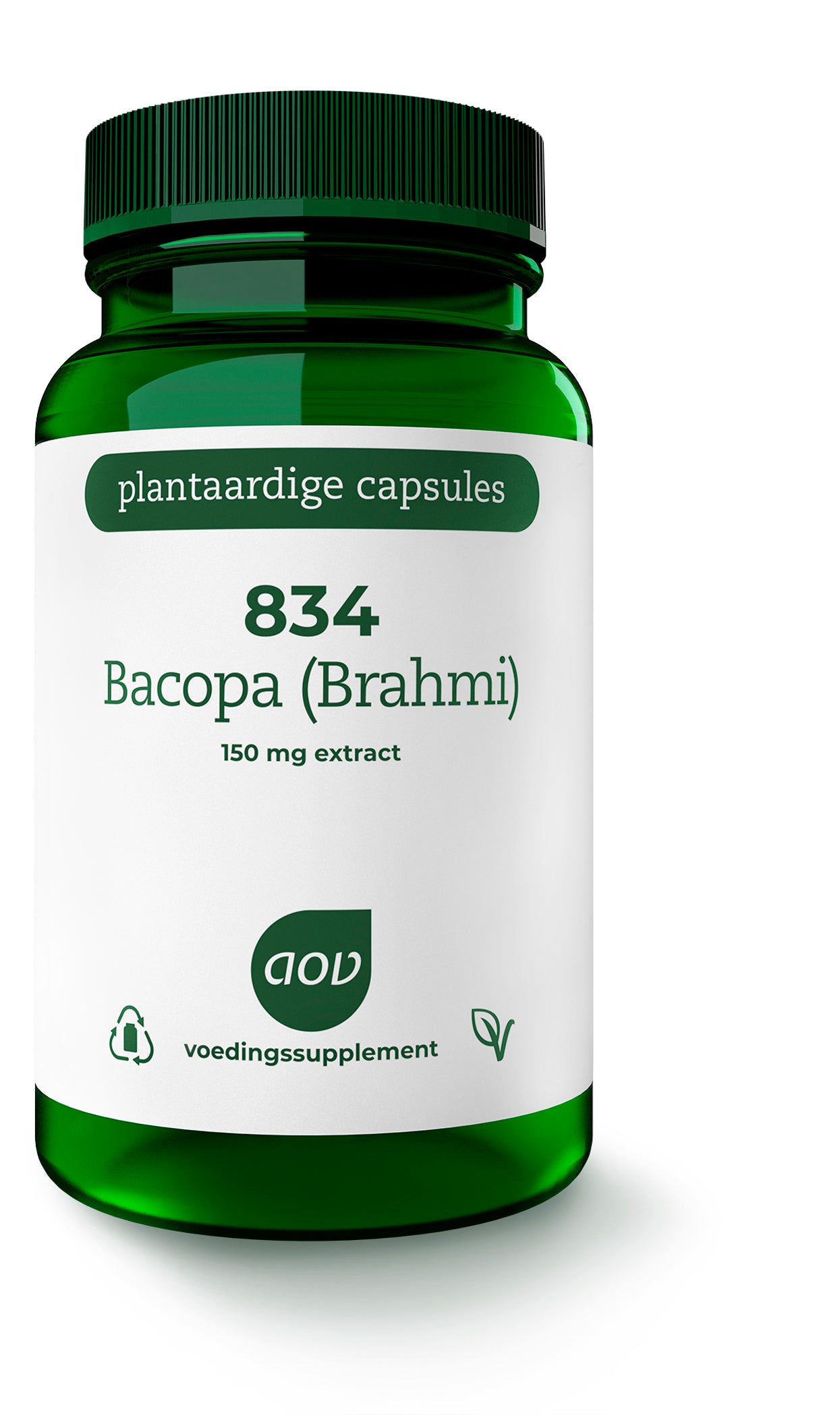 AOV 834 Bacopa (brahmi) 150mg vegetarian capsules, herbal supplement in clear bottle with label showing product info.