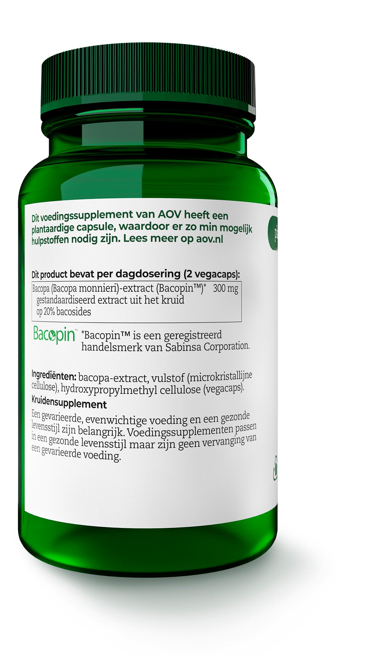 AOV 834 Bacopa (brahmi) 150mg vegetarian capsules in a bottle, herbal supplement for cognitive support.