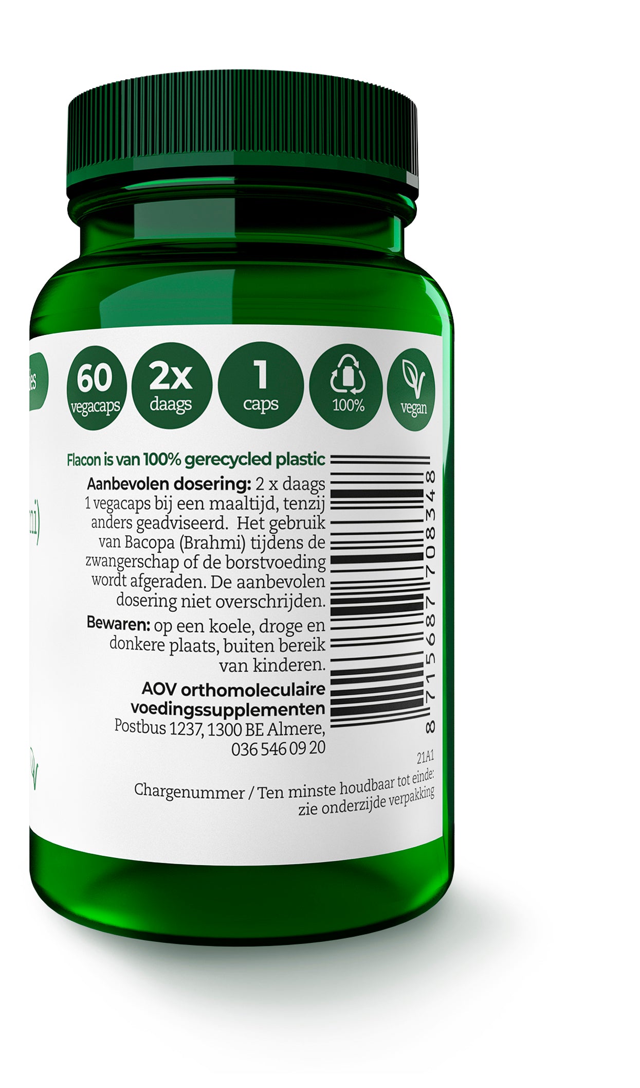 AOV 834 Bacopa (Brahmi) 150mg vegetarian capsules in a bottle, herbal supplement for cognitive support.