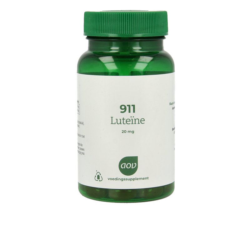 AOV 911 Luteine 20mg herbal supplement capsules in a bottle, designed for eye health, by AOV brand.